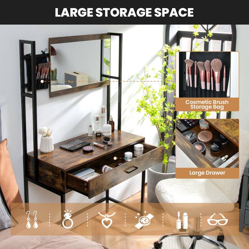 Gymax Industrial Vanity Table with 3-Height Adjustable Mirror Storage