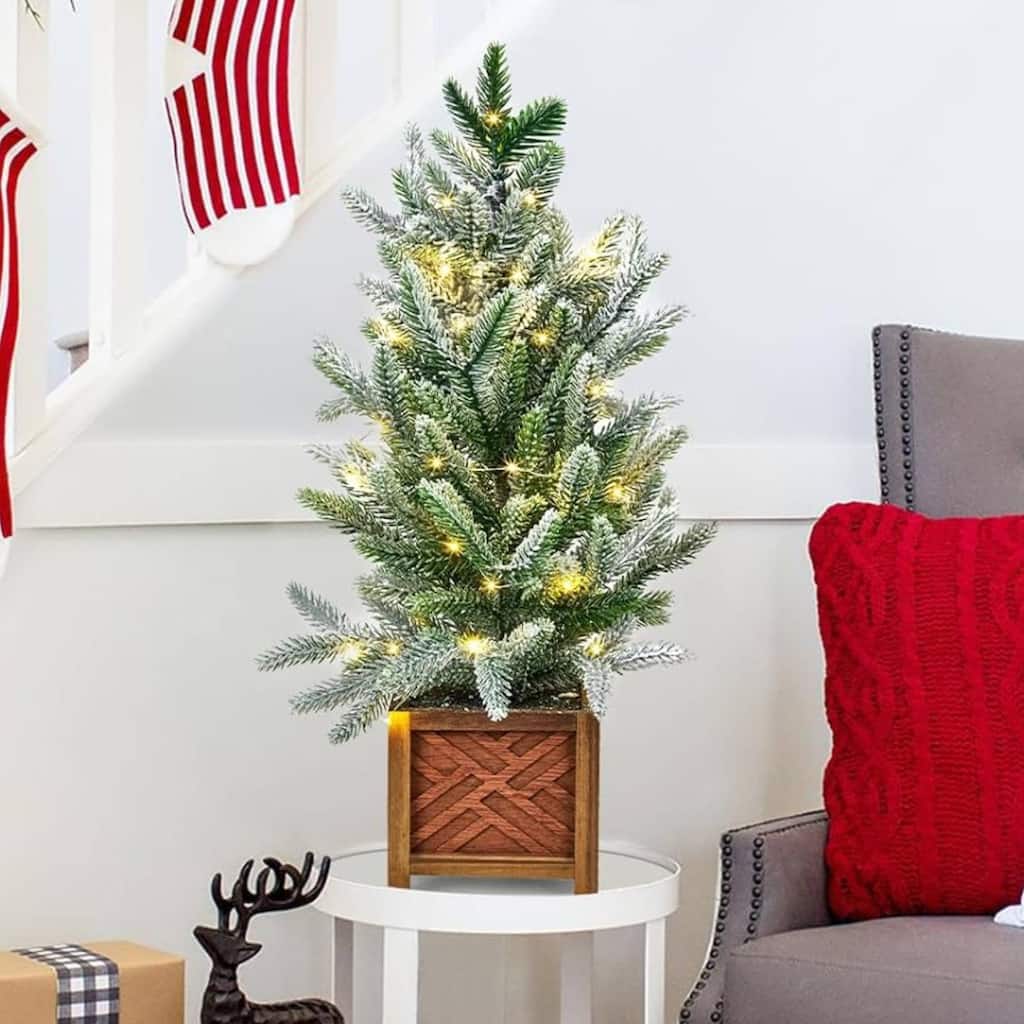 2 Ft Prelit Tabletop Mini Potted Snow Artificial Christmas Tree for Decorations - 2FT
