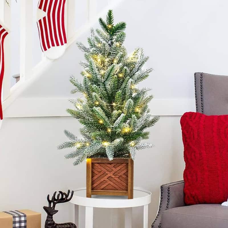 2 Ft Prelit Tabletop Mini Potted Snow Artificial Christmas Tree for Decorations - 2FT - Green