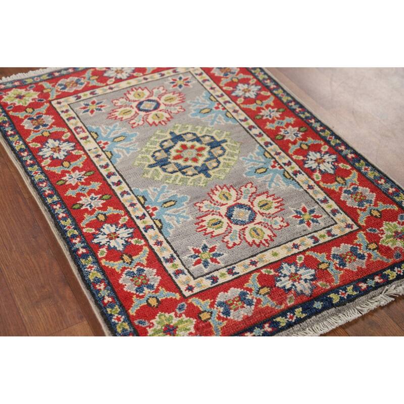 Hand Knotted Oriental 100% Wool Carpet Traditional Geometric Greys & Charcoal Kazak Area Rug - 2' 9'' X 2' 1''