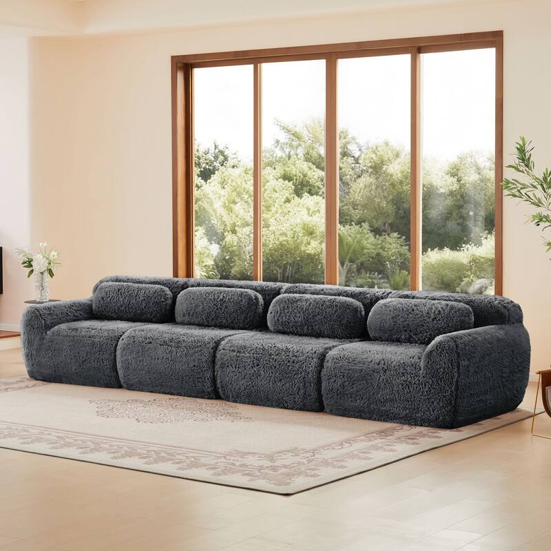 Rossetta 149'' Modern 4-seater Soft Fluffy Plush Fabric Modular Sectional Deep Sofa Couches, Free Combination Buckle Connection - Dark Grey