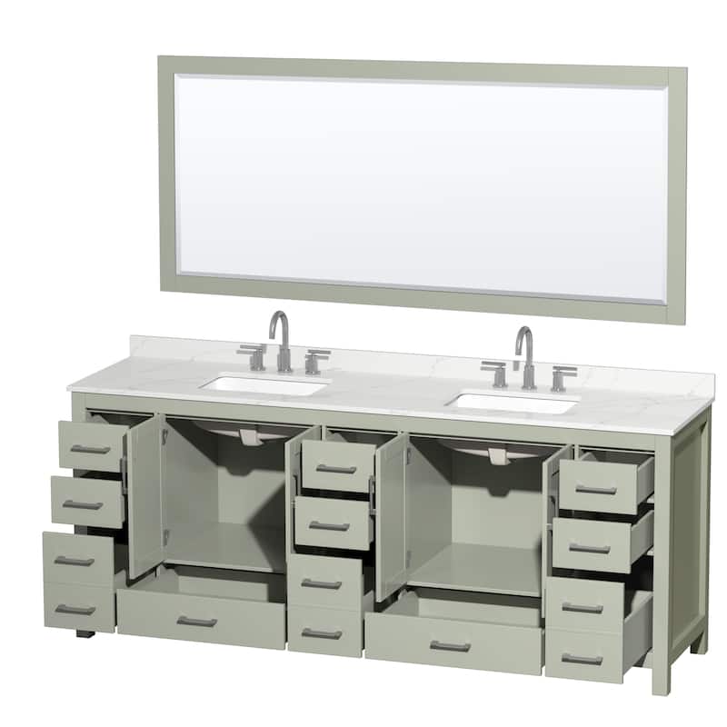 Sheffield 84-inch Double Vanity, 3 Hole Quartz Top, 70-inch Mirror