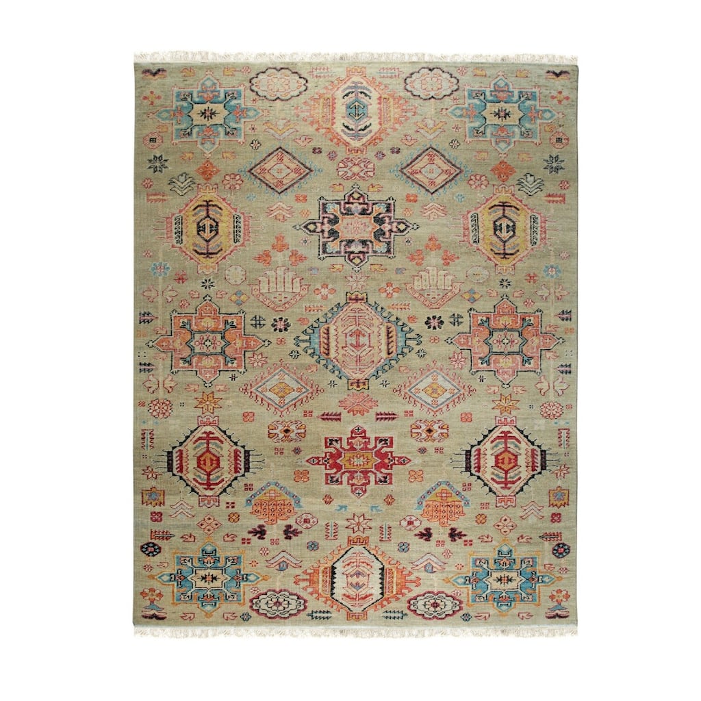 Hand-Knotted Wool Khotan Rug, 6' x 9', Green Area Rug, Luxurious Soft Texture for Modern Living Rooms - L