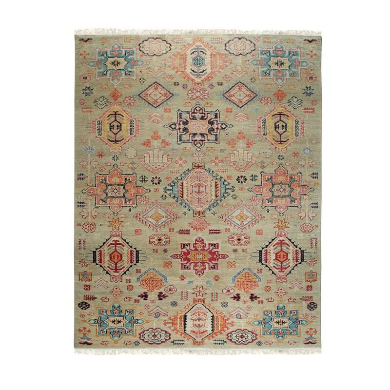 Hand-Knotted Wool Khotan Rug, 6' x 9', Green Area Rug, Luxurious Soft Texture for Modern Living Rooms - L
