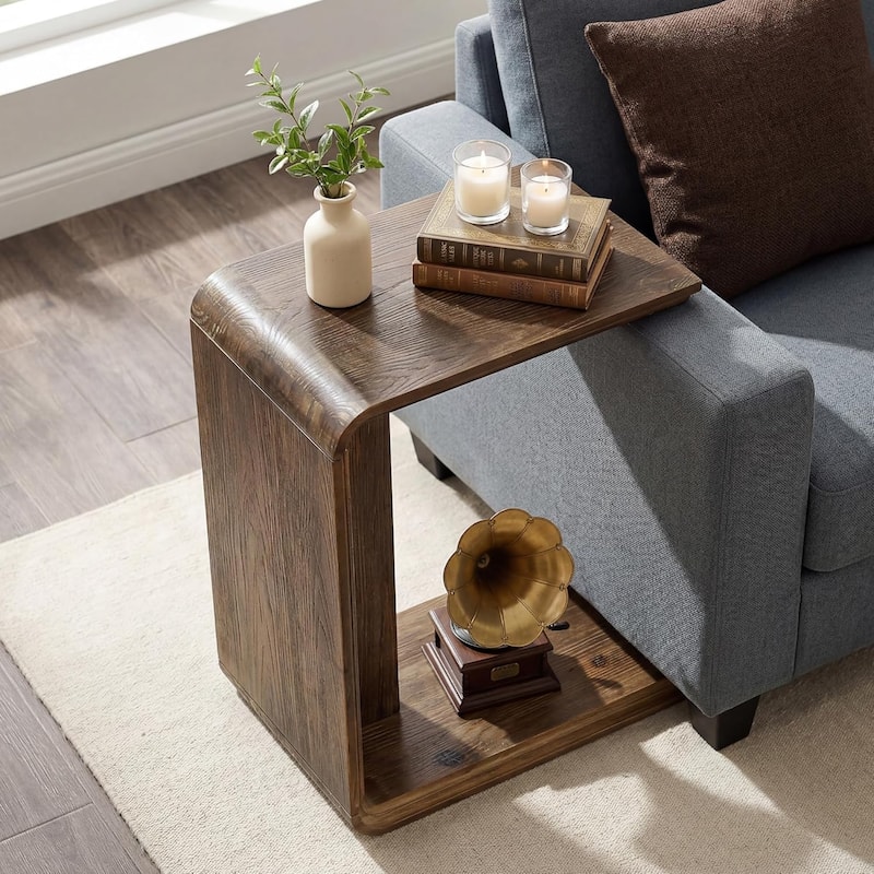 C-Shaped Solid Wood End Table for Living Room, Small Space, Easy Assembly