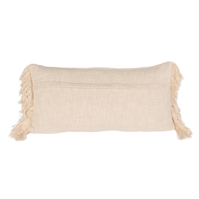 Cotton Lumbar Pillow with Embroidery and Fringe