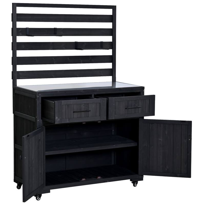 Solid Wood 64.9''Tall Outdoor Kitchen Island Kitchen Cart, Garden Potting Bench with Stainless Table Top for BBQ - Black