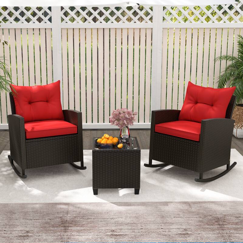 3-Pieces Patio Rattan Roker Chairs with Tufted Soft Cushions and Square Tempered Glass Table - 31.5" x 26" x 31.5"