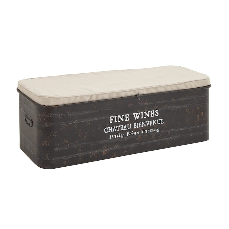 Brown Metal Storage Bench with Cream Burlap Top and Champagne Typography