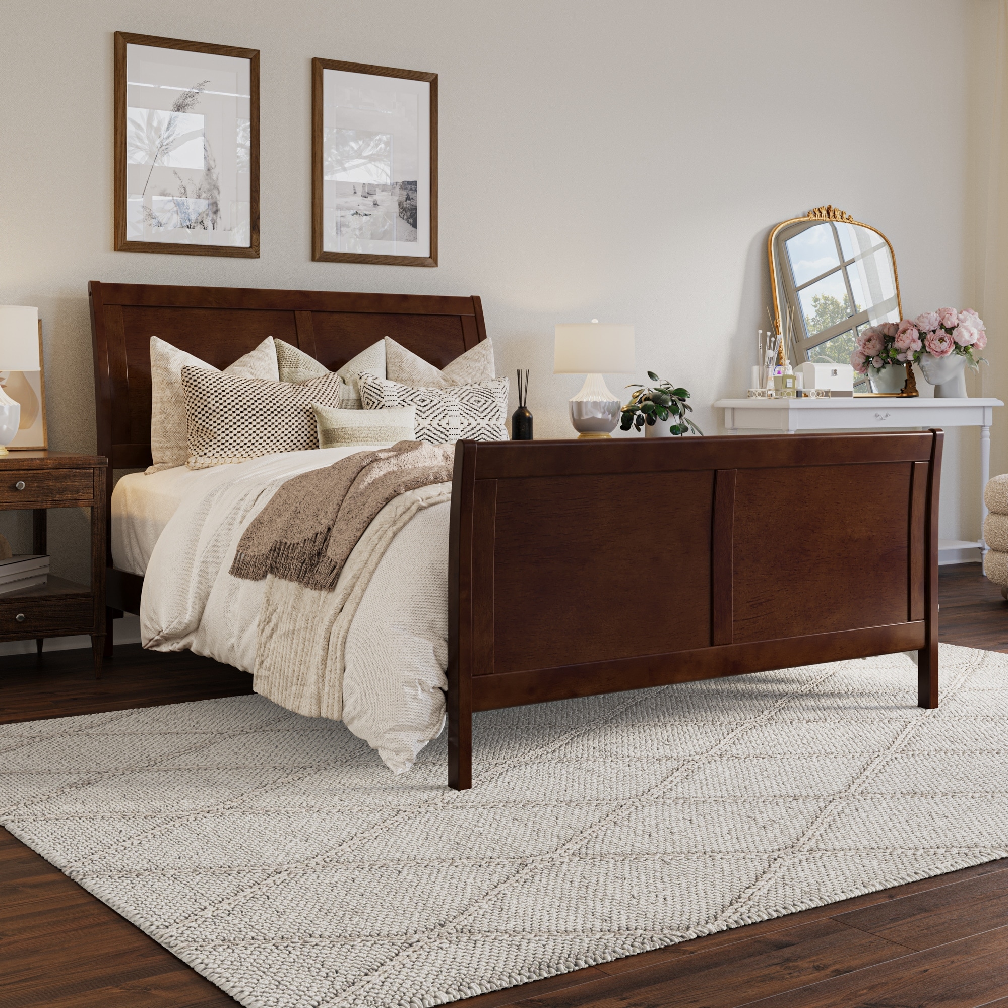 Portland Full Low Profile Platform Bed with Matching Footboard in Walnut