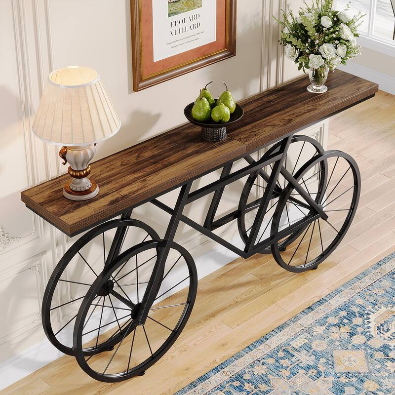 70.9-Inch Long Narrow Console Table with Metal Bicycle Base - Brown - 70.87" L x 11.81" W x 33.46" H