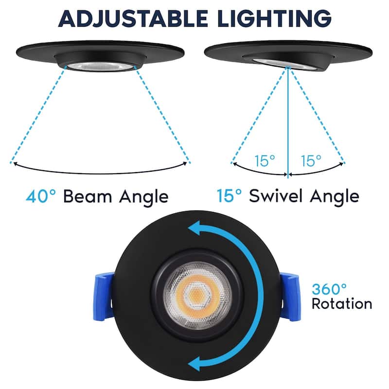 LUXRITE 2 Inch Gimbal LED Recessed Lighting J-Box CRI90 5W 5CCT Dimmable 400 Lumens Black - 2700/3000/3500/4000/5000