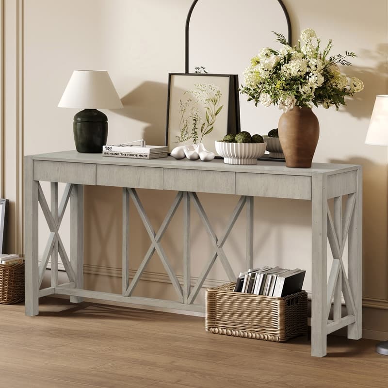 Modern Acacia Wood 60" Console Table with 4 Drawers and Unique X-Design for Entryway or Living Room