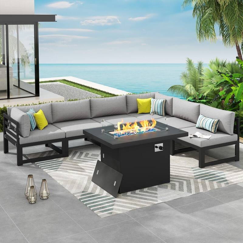 7 Piece Aluminum Patio Furniture Set with Fire Pit Propane/Gas, 29 inch Deep Wide Seat Aluminum Outdoor Sectional - Gray Frame - Light Gray