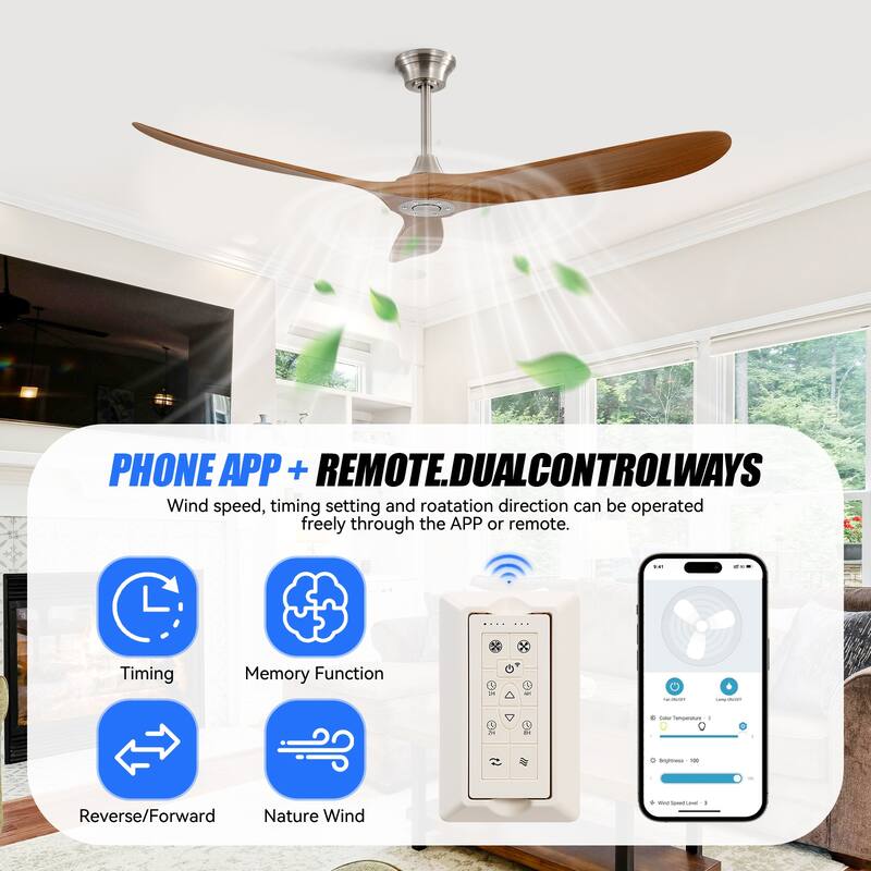 Sofucor 60 Inch Ceiling Fan No Light With Remote Control 3 Fan Blades Reversible DC Motor Timer Farmhouse