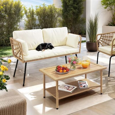 Moasis 2 Pieces Patio Furniture Set,All-Weather Wicker Rattan Loveseat with Thick Cushions & Table