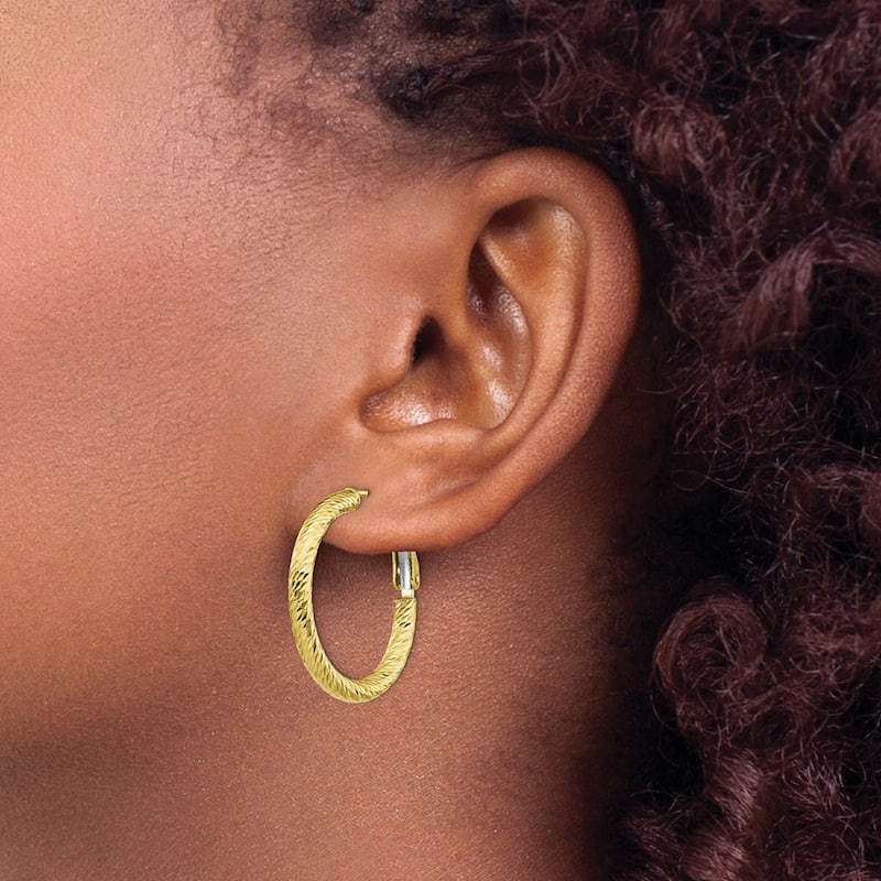 Curata 10k Yellow Gold Textured 3x20mm Round Omega Back Hoop Earrings