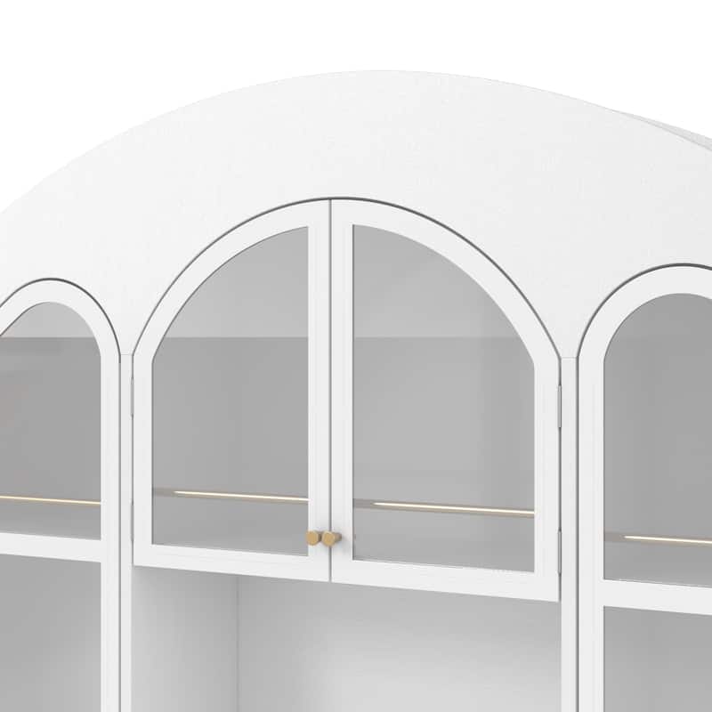 63" Arched Display Cabinet with LED Lights, Modern Buffet Sideboard with Glass Doors, Large Storage Credenza Bookshelves