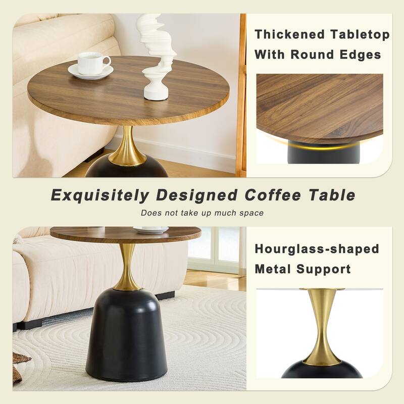 Small Circular Side Table Coffee Table, Metal Base Living Room Table, Walnut Wood Grain Minimalist Modern Decoration