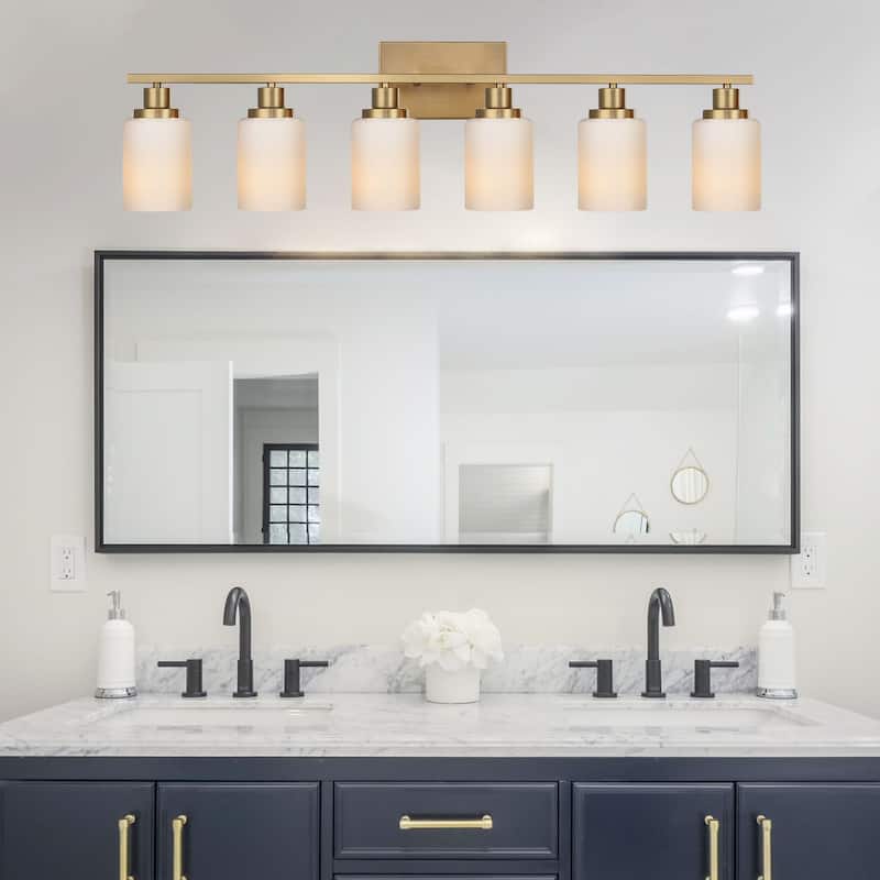 6-Light Bathroom Light Fixtures Brushed Brass 6-Light Bathroom Vanity Light, Bathroom Lights Over Mirror with Milky Glass Shade