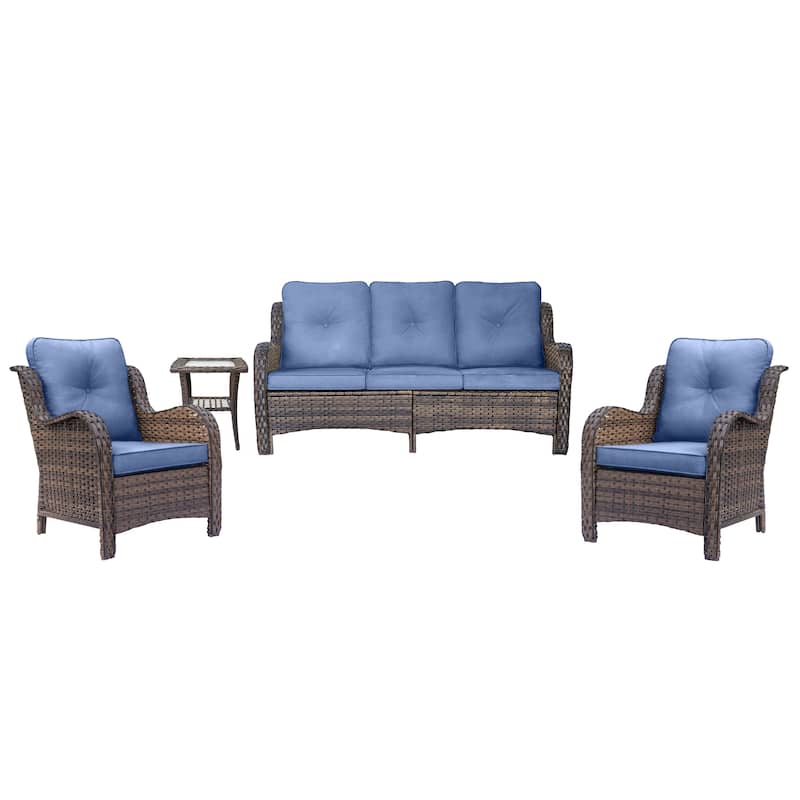 Brown Wicker Outdoor Patio Furniture Sofa Set with Denim Blue Cushions