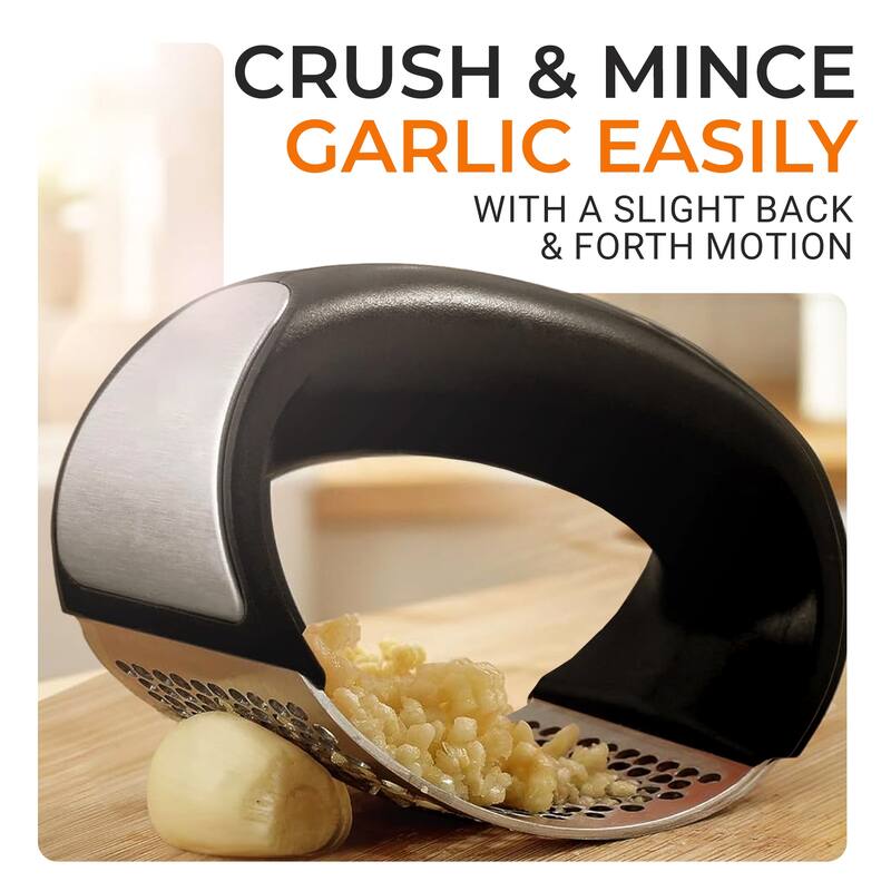 Cheer Collection Stainless Steel Garlic Press Rocker Set with Peeler Scraper and Cleaning Brush Black