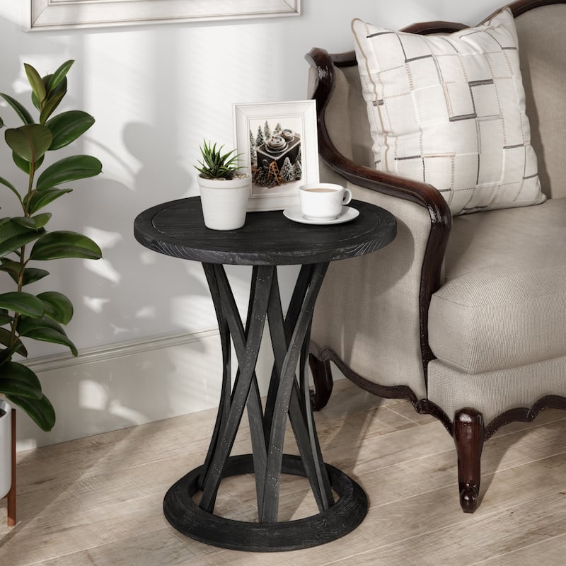 COZAYH Round Farmhouse End Table with Crisscross Pedestal Base, Distressed Finish Side Table Rustic Accent Table, Black