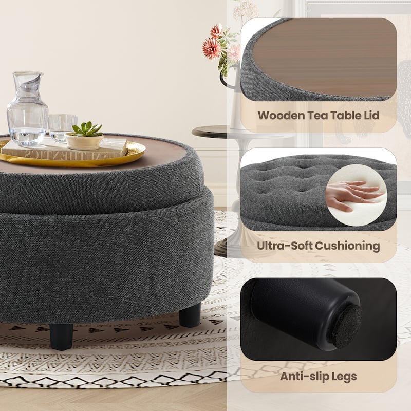 RENEWLINE Fabric Storage Ottoman with Tray Lid - Footrest & Hidden Storage for Living Room​