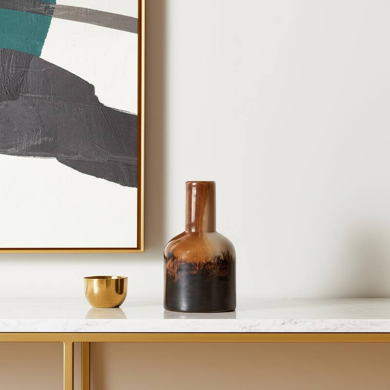 9" Amber Cream And Dark Brown Abstract Tulip Glass Table Vase - 4.72 - Dark Brown/Cream/Amber - 4.72