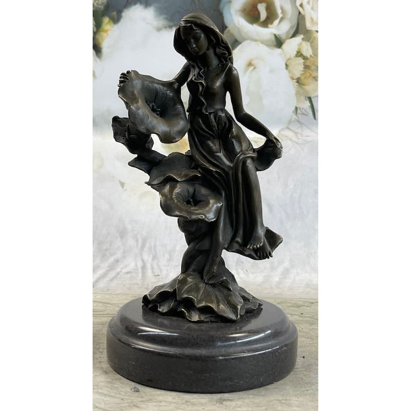 Girl Resting On Flower Bronze Sculpture Statue Figure Fantasy Decor 9 Inches X 5 Inches