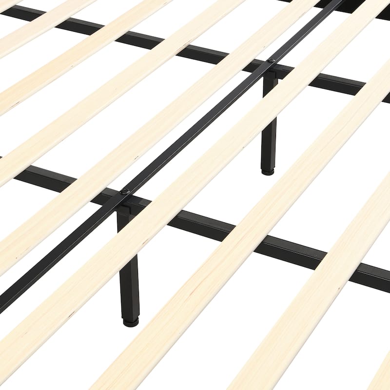 Canopy Bed Frame with Upholstered Headboard and Iron Legs, Low-Profile Platform Bed