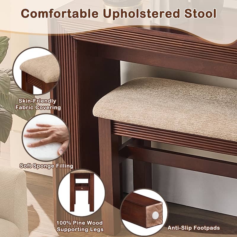 Fluted Counter Height Bar Table Set for 2, Dining Table with Fabric Upholstered Bar Stool with Solid Wood Legs