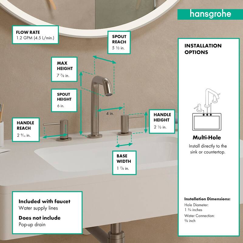 Hansgrohe 73332 Tecturis S 1.2 GPM Widespread Bathroom Faucet