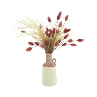 Pampas and Hare's Tail Arrangement in a Ceramic Vase - Red, Mauve, White, Beige