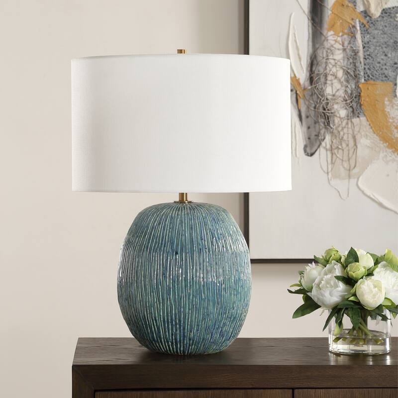 Ribbed Textured Ceramic Table Lamp with White Drum Shade - 23.5" - Blue and Green