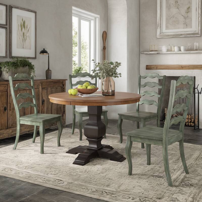 Ronda 45" Round Solid Wood Top Dining Set with French Ladder Back Chairs - Antique Black Table - Antique Sage Green Chairs