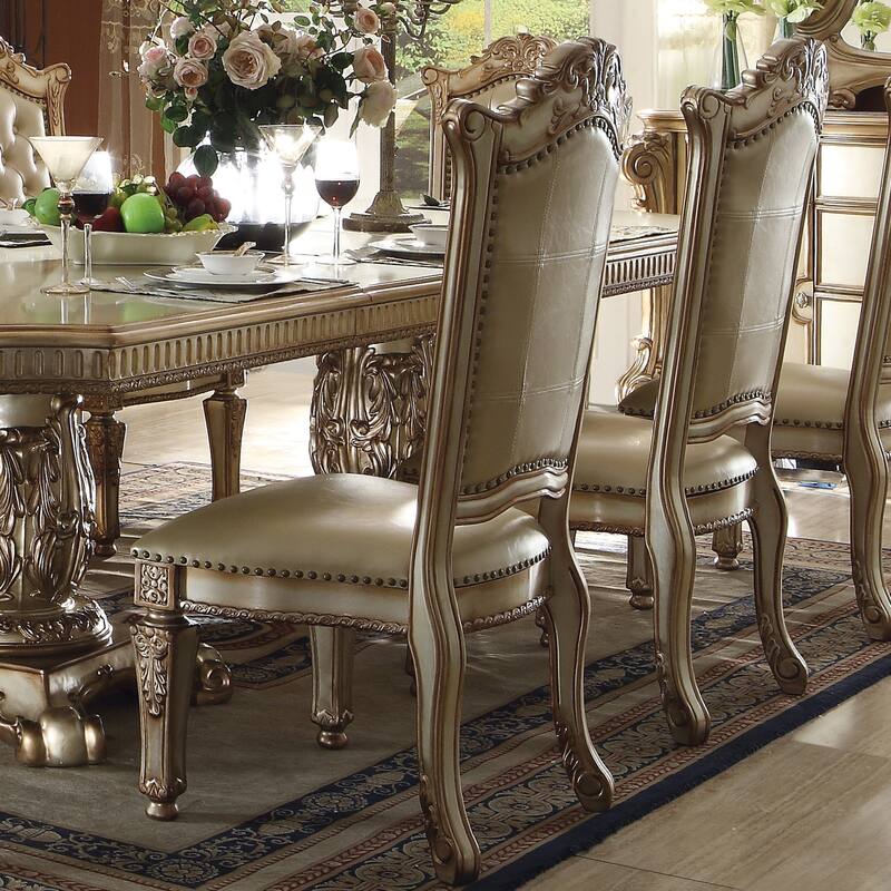 Bone and Gold Patina Arm Chair with Tufted Back (Set of 2) - Beige