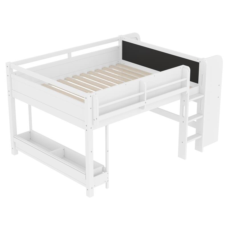 Low Solid Wood Loft Bed with Bookcase, Desk, Drawers and Storage Boxes