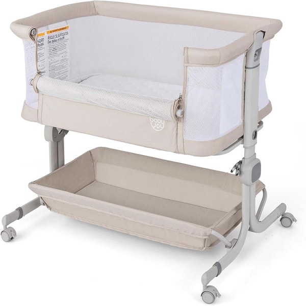 slide 2 of 8, Bedside Crib w/ Adjustable Height Bassinet w/ Storage Shelf & Wheels