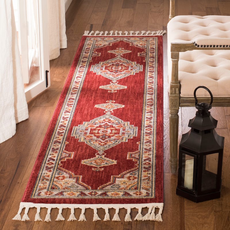 SAFAVIEH Farmhouse Rozana Boho Tribal Polyester Rug - 2'1" x 8' Runner - Creme/Red
