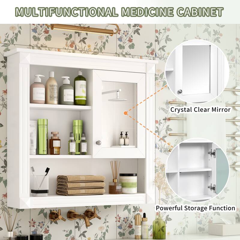 GDFStudio - Wilford Modern Wall-Mounted Bathroom Storage Cabinet with Mirror Door and Adjustable Shelves - 32"W