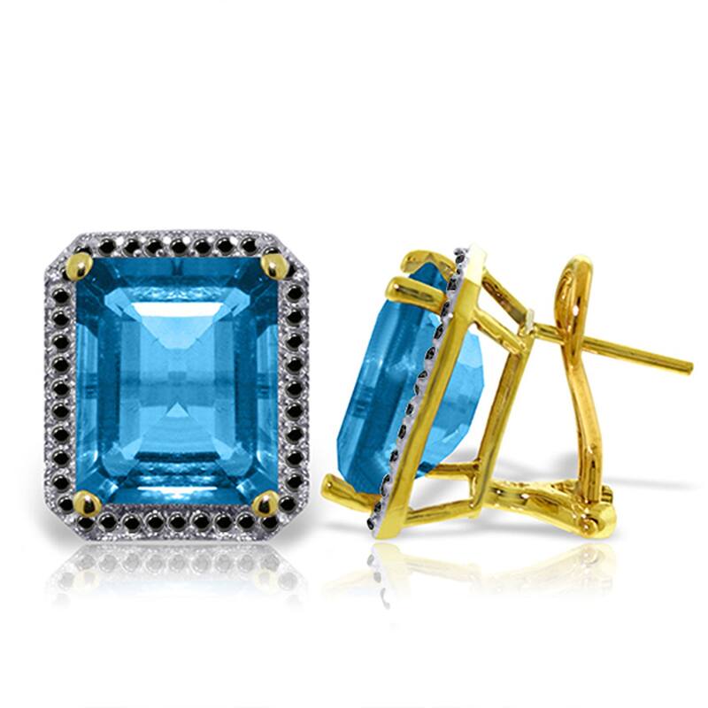 14K Solid Gold Stud French Clips Earrings Diamonds & Blue Topaz - Yellow