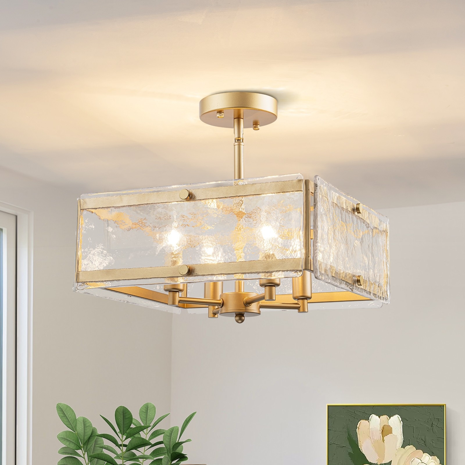 Starsky Modern 3/4-Light Textured Glass Semi Flush Mount Ceiling Light Drum or Rectangle for Bedroom Hallway Entryway