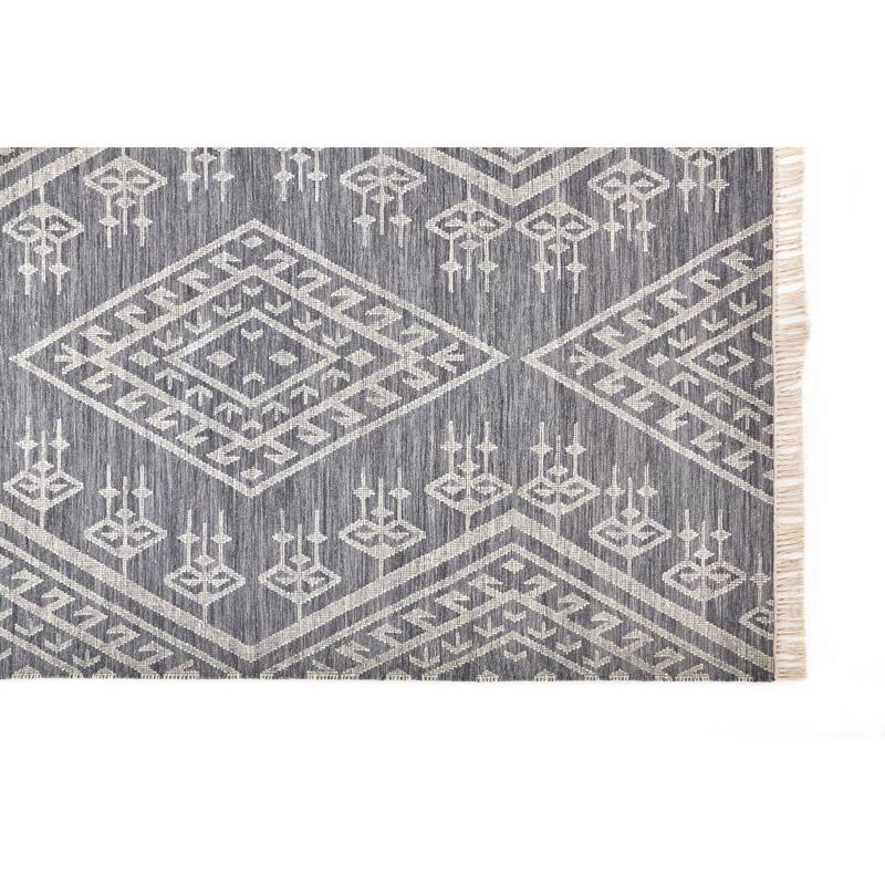 Bray Bohemian Geometric Flatweave Rug, Dusty Blue/Ivory, Area Rug