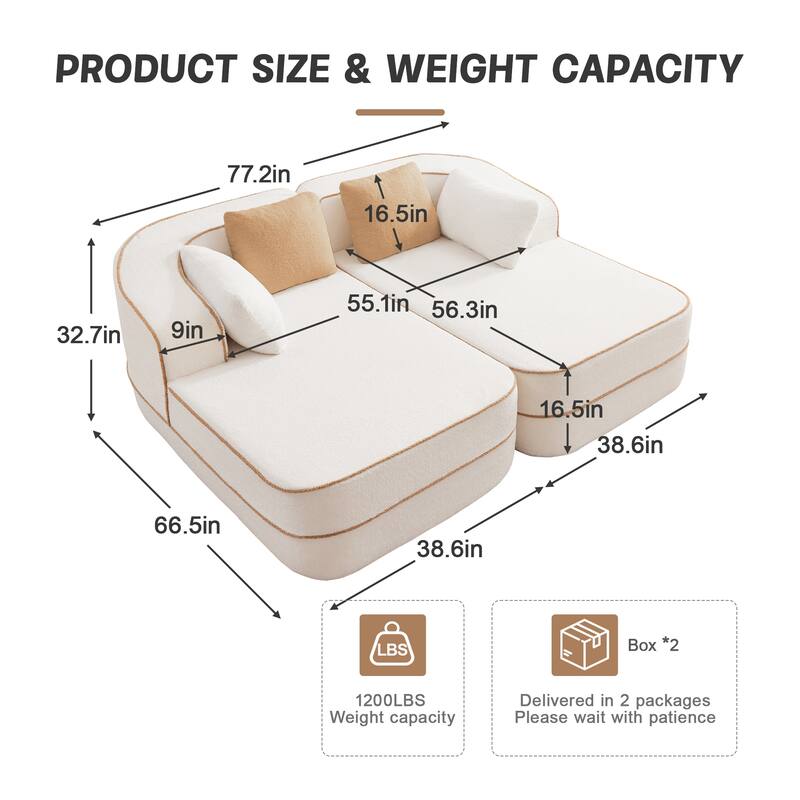 Roomfitters 77" Teddy Fabric Boneless Sofa, No Assembly Modular Couch with Double Chaises