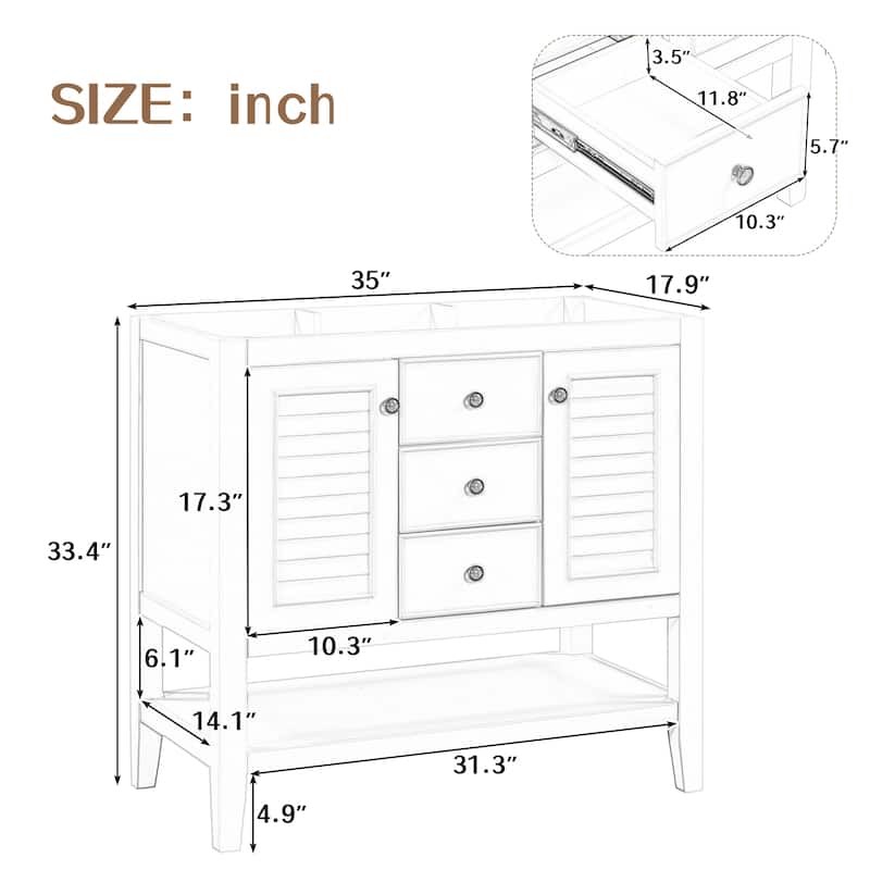 (Base Only) 36" Bathroom Vanity without Sink, 2 Cabinets and Drawers, Open Shelf