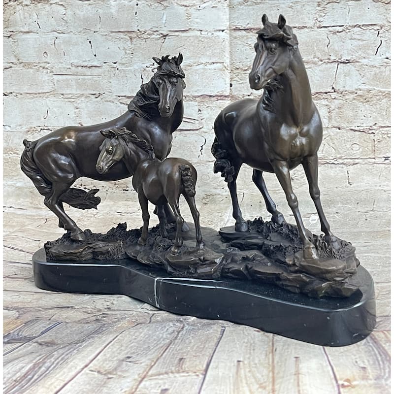 Signed Mene Horse Family Bronze Sculpture Art Deco Marble Base Figurine Figure