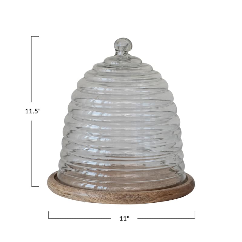 Reclaimed Etched Glass Beehive Shaped Cloche with Mango Wood Base - 11.0"L x 11.0"W x 11.5"H - 11.0"L x 11.0"W x 11.5"H