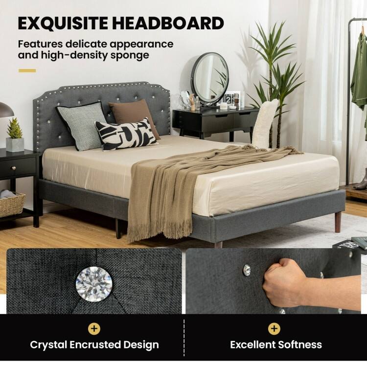 Upholstered Bed Frame with Adjustable Diamond Button Headboard