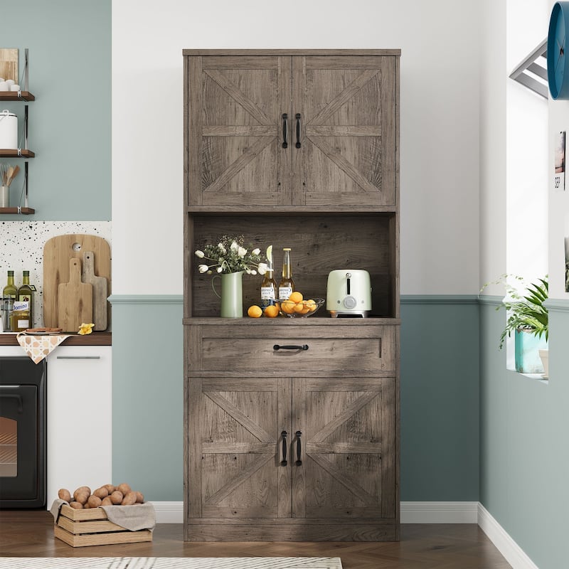 Gymojoy 70" Farmhouse Kitchen Pantry Cabinet With Operation Table & Power Outlet, Freestanding Cupboard